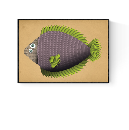 Colorful digital illustration of a geometric purple fish with green fins and wide cartoon eyes – Margot Fish by Studio Frits, Belgian A4 art print on heavyweight paper.