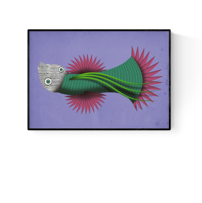 Whimsical fish illustration with newspaper-text face, pink fins, and green-scaled body on lavender background – Prunelle Poisson by Studio Frits, A4 art print made in Belgium.