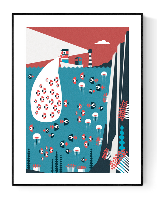 Colorful ocean-themed digital art print titled “Fisherman” by Studio Frits, showing a lighthouse, underwater fish, and jellyfish in retro style with red, teal, and black tones. Available in 30x40 cm and A2.