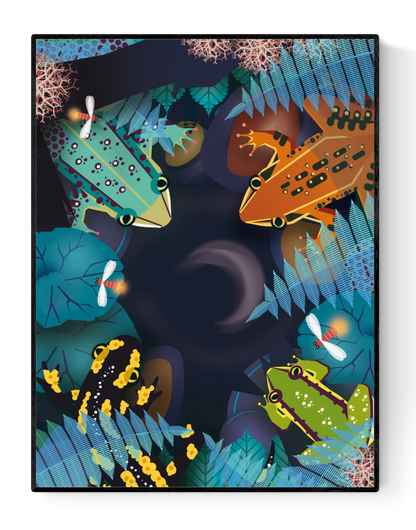 Colorful night scene illustration featuring frogs and a salamander in a tropical forest by Studio Frits – vibrant 30 x 40 cm art print perfect for nature and animal lovers