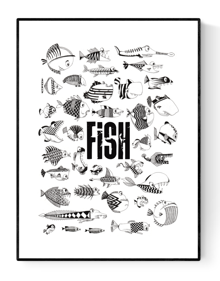 buy black and white artprint with handdrawn fish by Studio Frits