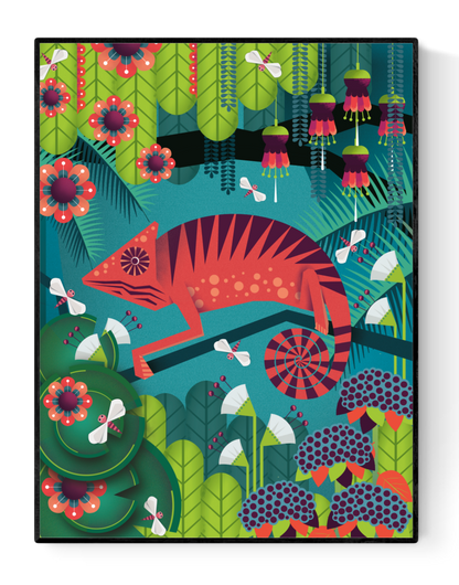 Colorful illustration of a red chameleon by Studio Frits, surrounded by vibrant jungle flora and playful insects. Bold modern wall art with tropical vibes, perfect for kids’ rooms, nature lovers, or exotic interior decor. A unique art print celebrating wildlife, color, and whimsical design—available exclusively at Galerie Frits