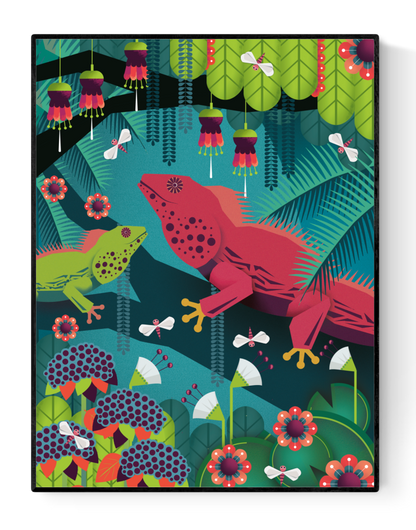 Colorful illustration of two iguanas in a vibrant jungle, surrounded by tropical plants, flowers, and insects – bold, graphic art print titled "Iguanas" by Studio Frits, perfect wall decor for nature and animal lovers.
