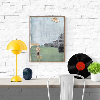 Surreal art print of Mister Humprey standing on a green field under a UFO, with vintage city buildings in the background, illustrated by Studio Frits in collage style. Printed on 300g paper and made in Belgium.