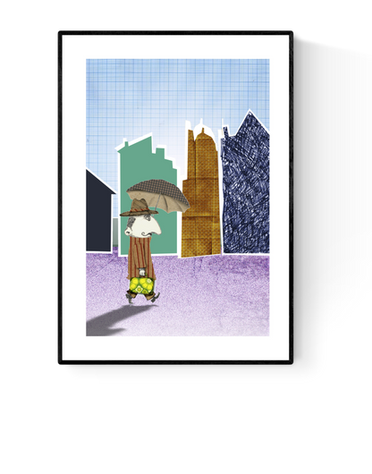 Playful art print of Mister Jenkins walking through a stylized city with a yellow suitcase and umbrella, illustrated by Studio Frits. Printed on A4 300g paper, made in Belgium.