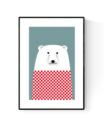 Minimalist art print ‘Derek the Polar Bear’ by Studio Frits featuring a white polar bear in a red and white checkered sweater against a muted teal background. Perfect for modern interiors, kids' rooms, and animal lovers. Available at Galerie Frits