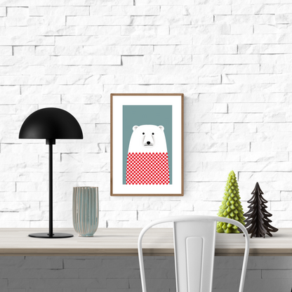 Minimalist art print ‘Derek the Polar Bear’ by Studio Frits featuring a white polar bear in a red and white checkered sweater against a muted teal background. Perfect for modern interiors, kids' rooms, and animal lovers. Available at Galerie Frits