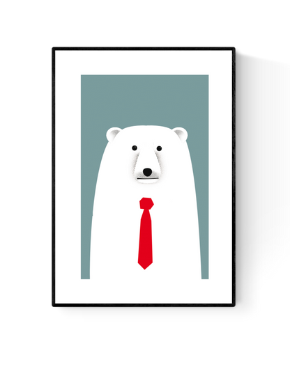 Minimalist polar bear art print wearing a red tie, modern A4 wall decor by Studio Frits, whimsical animal illustration printed on 300g paper – ideal for kids’ rooms or office walls