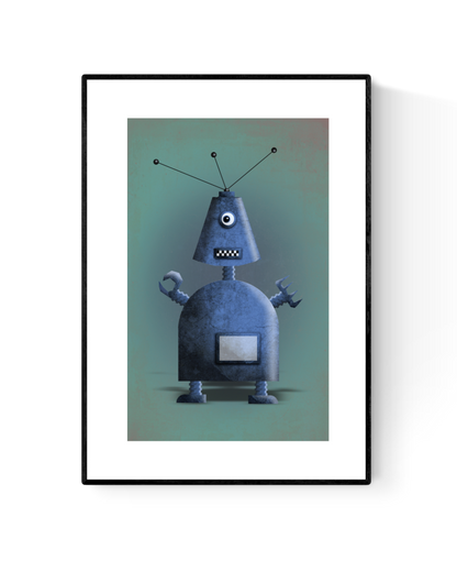 Blue Robot by Studio Frits – whimsical retro-style robot illustration with antennas and claw hands, digital art print for kids’ rooms or modern decor, available at Galerie Frits