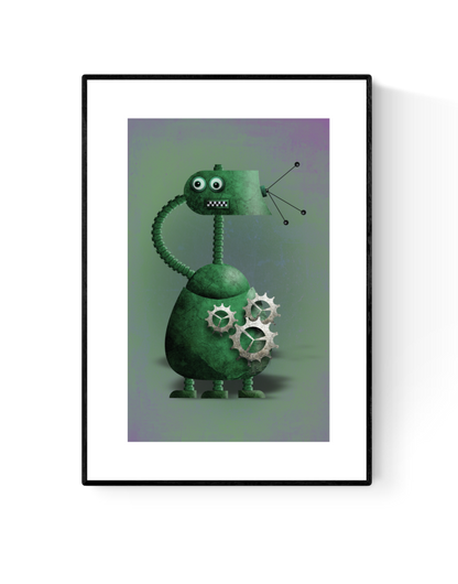 Playful green robot illustration by Studio Frits – A4 retro sci-fi art print with gears and antennas on 300g paper, perfect for kids' rooms and tech-themed decor