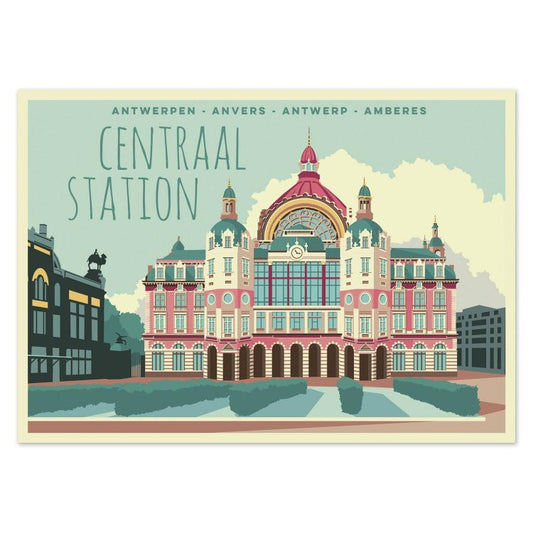 buy illustration postcard Antwerp Belgium central station