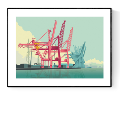 Striking graphic illustration by Studio Frits titled 'Antwerp Port,' featuring a bold composition of industrial cranes in vivid red and soft teal tones, set against a calm harbor with a pastel sky. This modern, stylized view of Belgium’s iconic port captures the scale, structure, and rhythm of maritime industry—ideal for contemporary interiors and urban art collectors