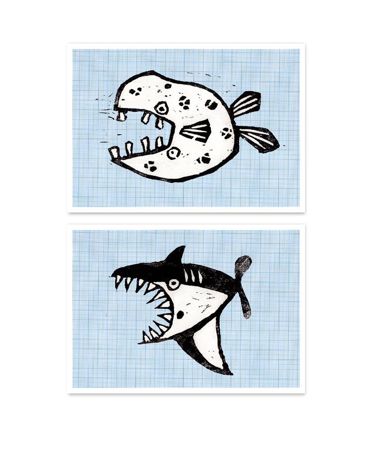 buy postcards with prints of fish and shark linocuttings