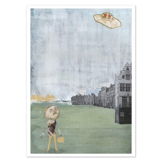 buy postcard with illustration of a man watching a flying saucer and aliens