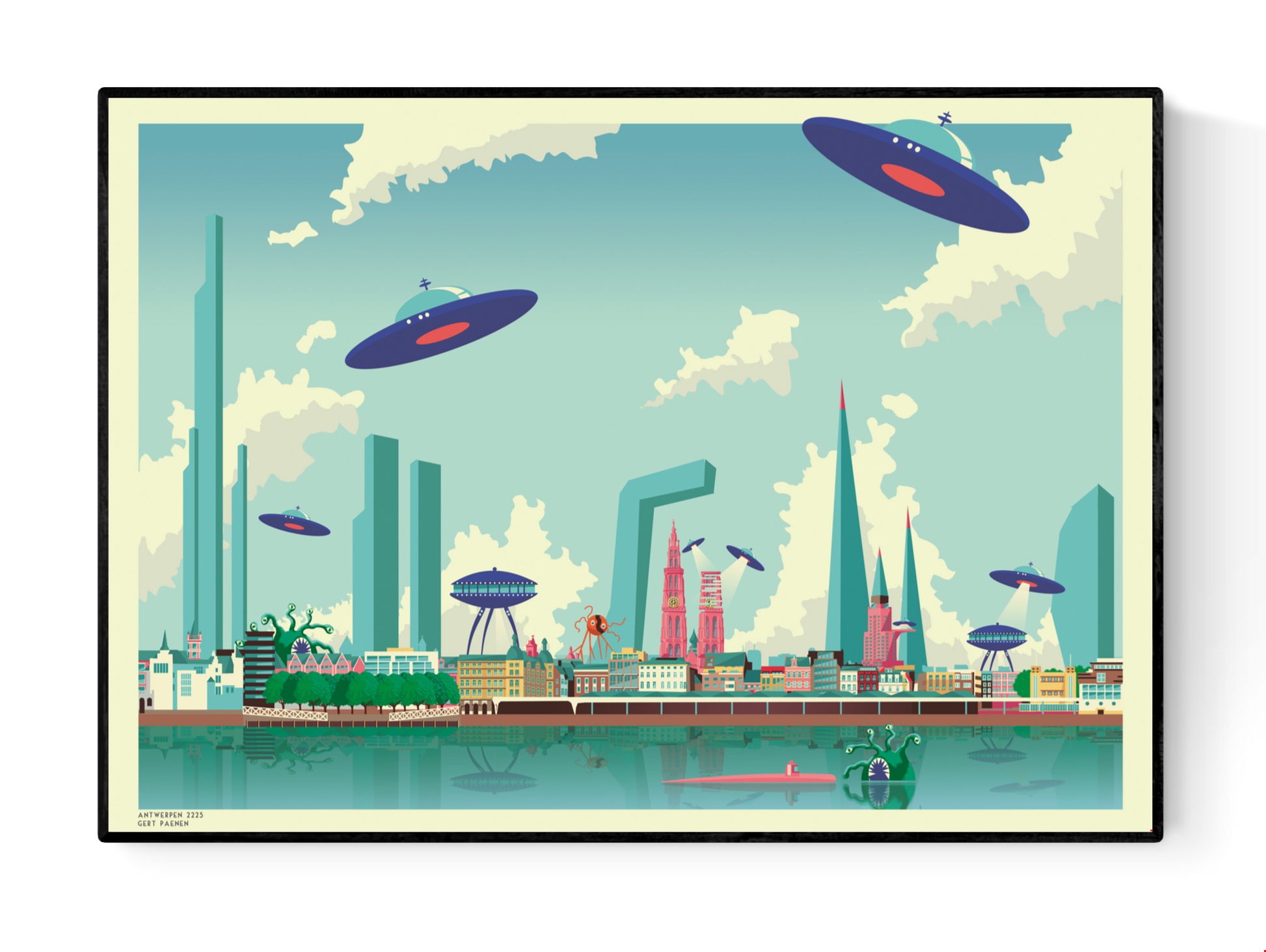 Futuristic illustration of Antwerp 2225 by Belgian artist Gert Paenen (Studio Frits), showing a colorful sci-fi city skyline with UFOs, sea monsters, and futuristic skyscrapers reflected in the Scheldt River – digital art print 50x70 cm available at Galerie Frits.