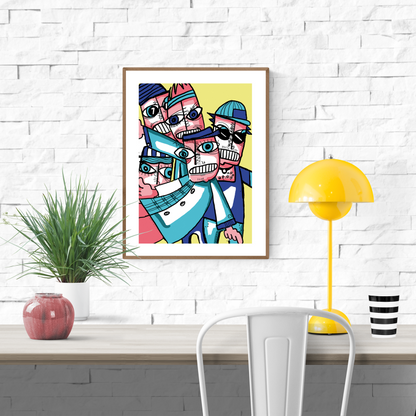 Colorful abstract illustration of a quirky group of cartoon-style characters with expressive faces and bold outlines on a yellow background – modern art print by Studio Frits, 30x40 cm, perfect for contemporary wall decor and collectors of unique graphic art