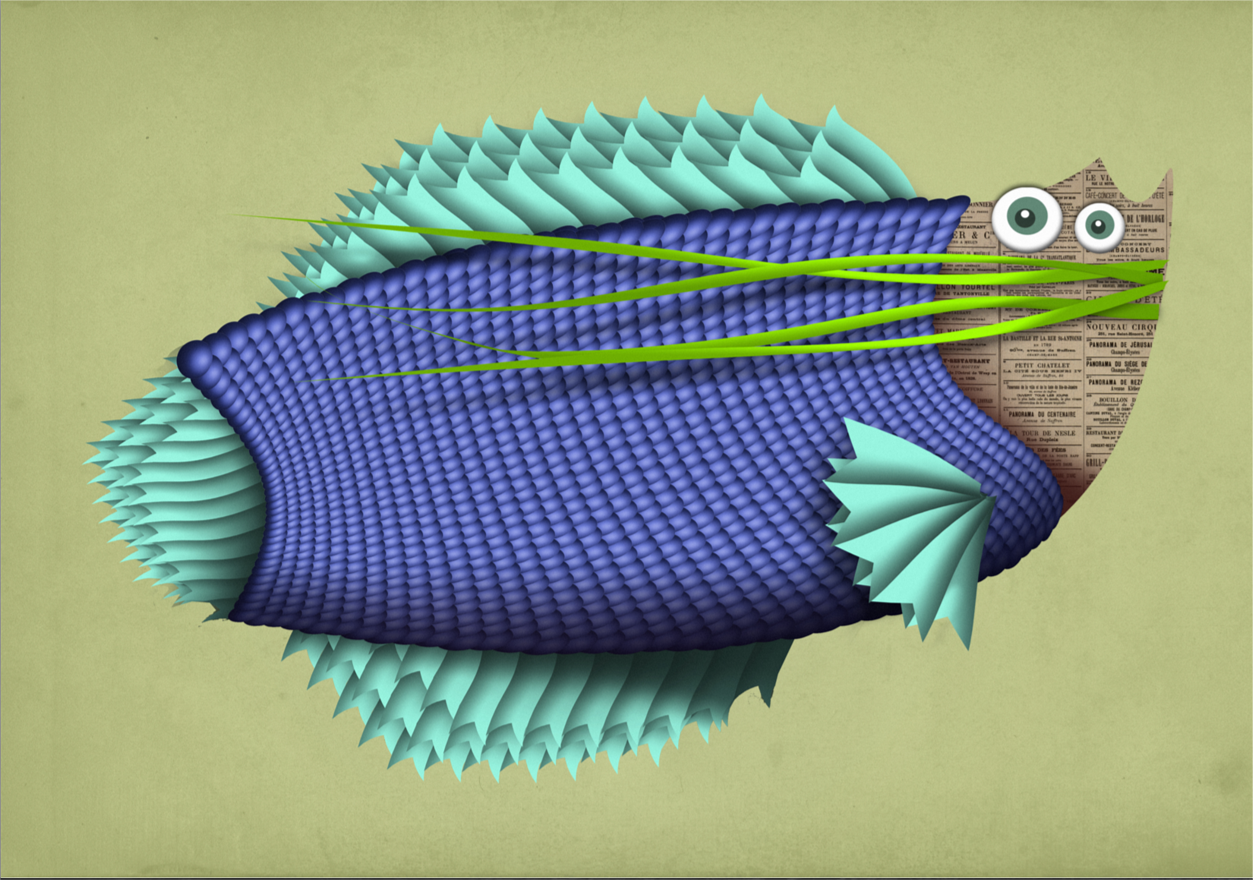 Whimsical fish illustration titled 'Helmut Von Fish' by Studio Frits – vibrant A4 art print featuring a quirky blue and green fish with textured scales and newspaper collage elements, printed on 300g Belgian paper.