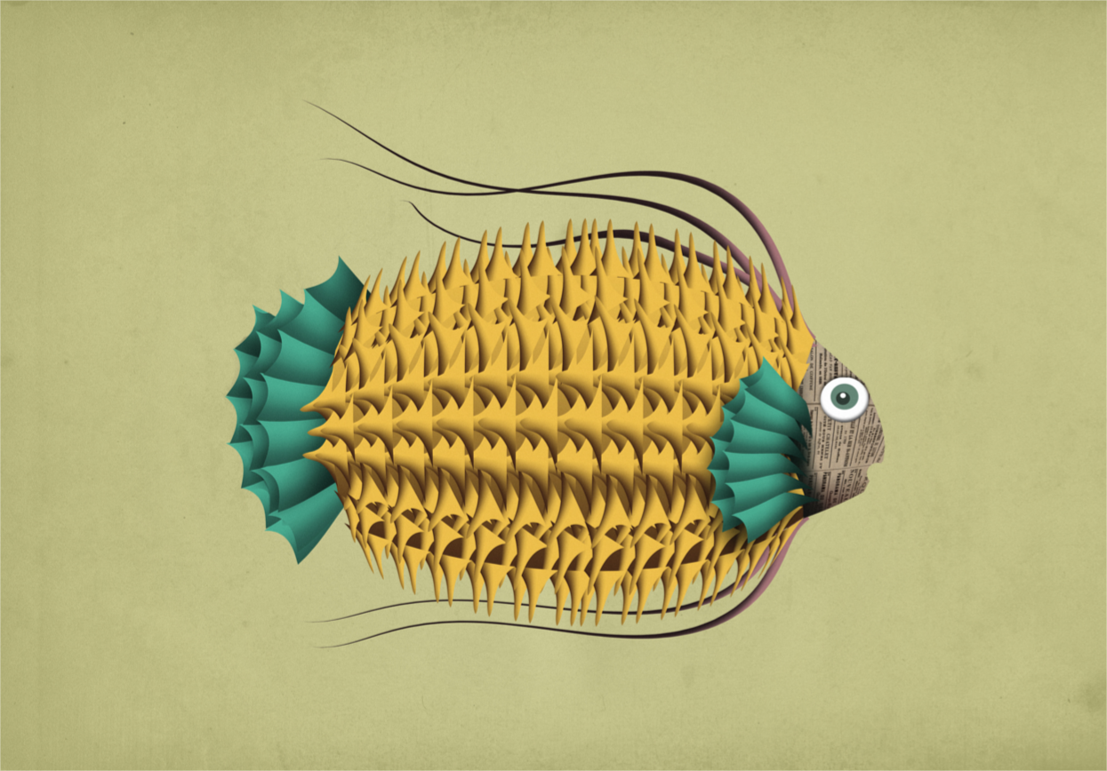 A4 art print titled Leon Le Poisson by Studio Frits – illustration of a yellow and teal fish with rich texture and whimsical details, printed on 300g paper, made in Belgium.