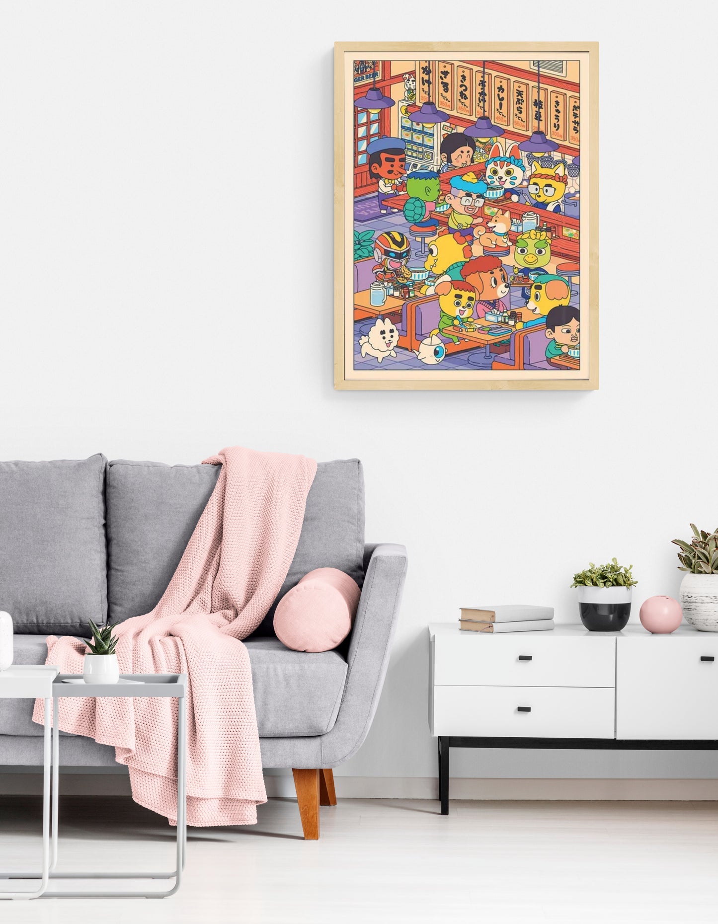 Colorful Japanese udon restaurant illustration with cute animal and human characters eating noodles inside a lively ramen shop, detailed kawaii style wall art print 50 x 70 cm