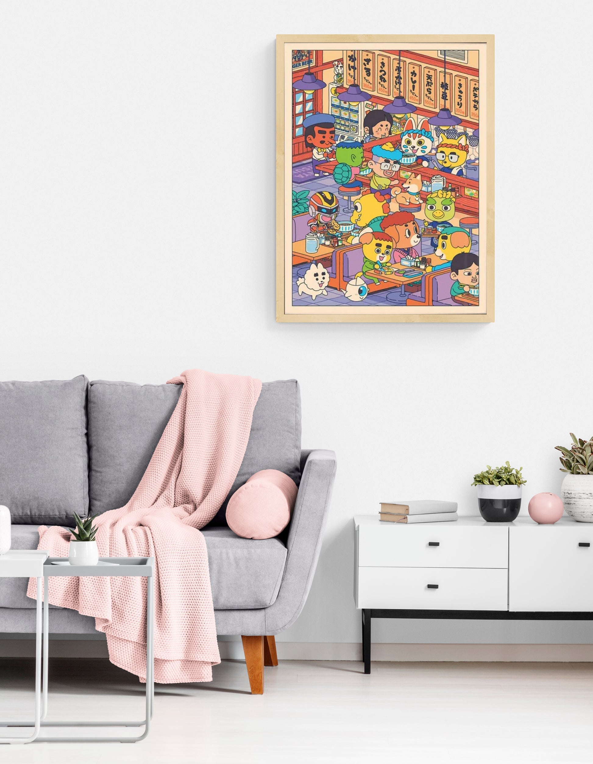 Colorful Japanese udon restaurant illustration with cute animal and human characters eating noodles inside a lively ramen shop, detailed kawaii style wall art print 50 x 70 cm