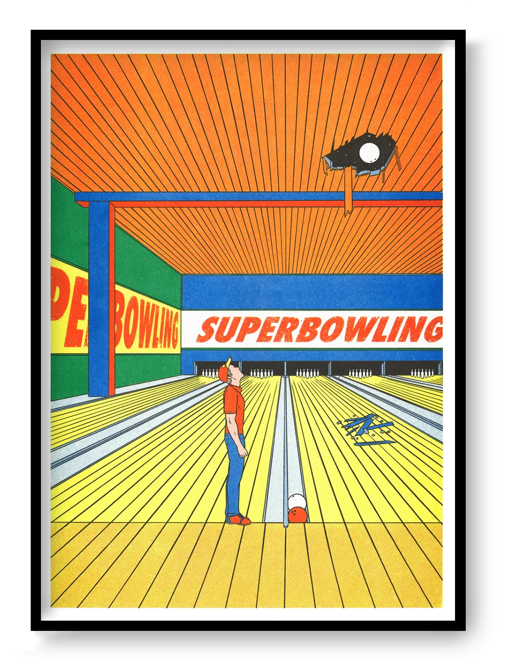 Super Bowling by Simon Bailly, vertical A3 risograph showing a colorful bowling alley in orange, yellow, blue and green with a lone bowler looking upward, playful contemporary wall art.