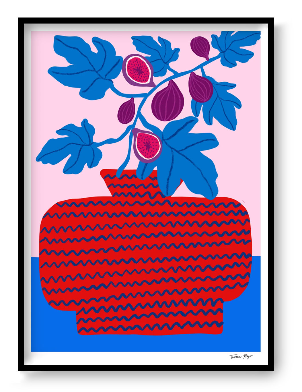 Colourful vertical giclée print by Teresa Rego featuring purple figs, bright blue leaves and a patterned red vase against a pink background, ideal as playful botanical wall art.