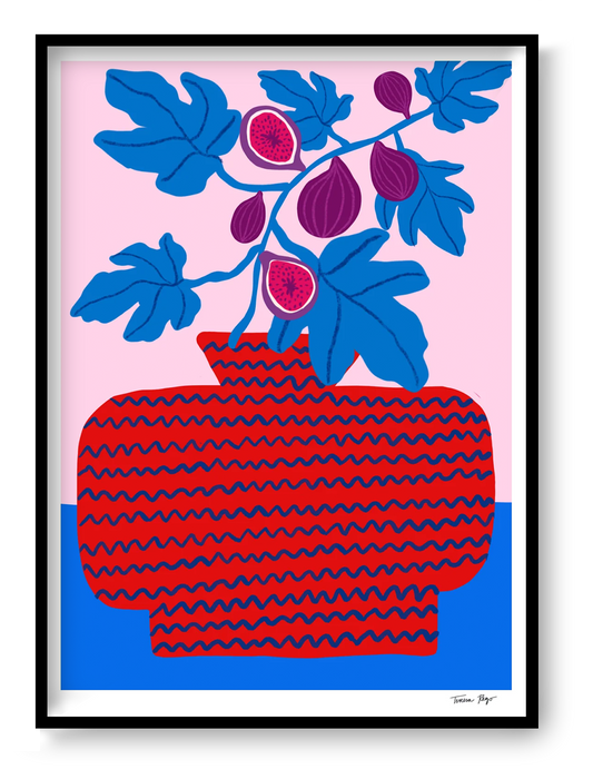 Colourful vertical giclée print by Teresa Rego featuring purple figs, bright blue leaves and a patterned red vase against a pink background, ideal as playful botanical wall art.