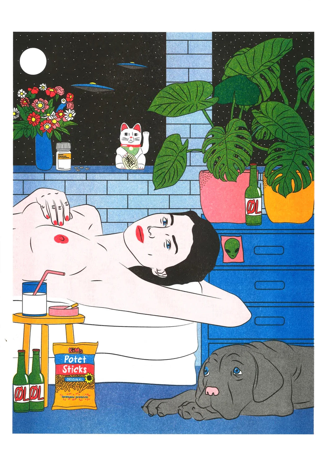 Colourful vertical risograph by Kine Andersen showing a reclining woman with a grey dog, tropical plants, flowers, beer bottles and UFOs, in blue, green, red and yellow tones, ideal as playful wall art.