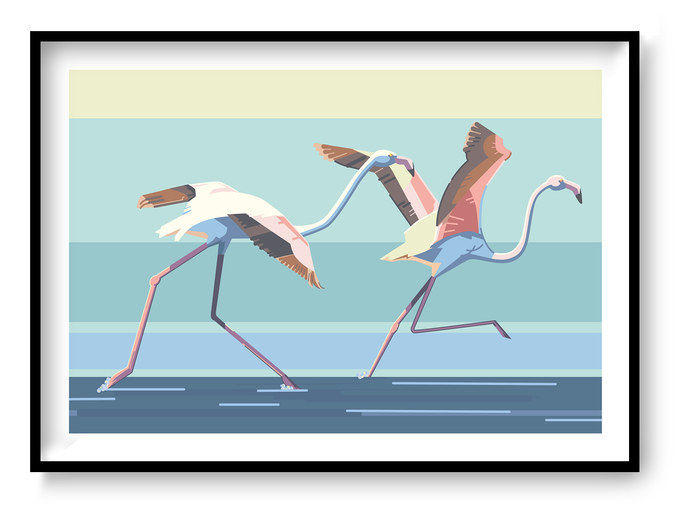 Contemporary A3 art print titled Take off by Belgian duo Floor 4 Productions. Features two flamingos mid-run across a stylized water surface with bold pastel tones and geometric lines. Printed on 300g paper, perfect for colorful and energetic home decor.