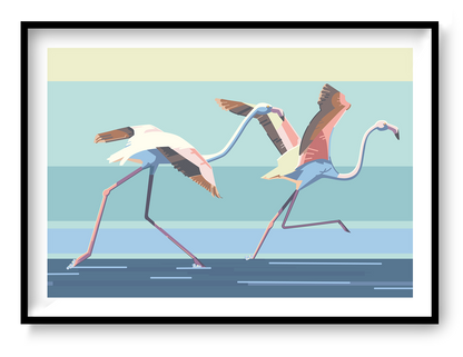 Contemporary A3 art print titled Take off by Belgian duo Floor 4 Productions. Features two flamingos mid-run across a stylized water surface with bold pastel tones and geometric lines. Printed on 300g paper, perfect for colorful and energetic home decor.