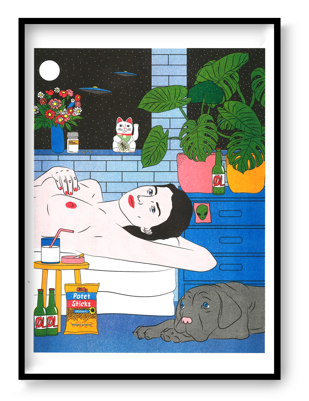 Colourful vertical risograph by Kine Andersen showing a reclining woman with a grey dog, tropical plants, flowers, beer bottles and UFOs, in blue, green, red and yellow tones, ideal as playful wall art.