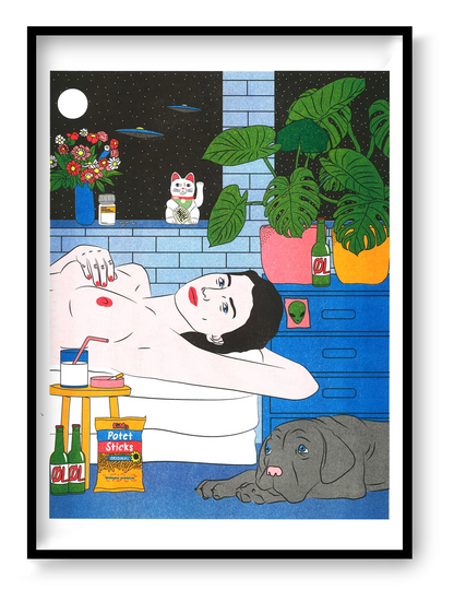 Colourful vertical risograph by Kine Andersen showing a reclining woman with a grey dog, tropical plants, flowers, beer bottles and UFOs, in blue, green, red and yellow tones, ideal as playful wall art.
