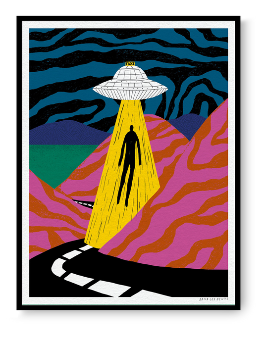 Space Taxi by Dans les Dents, a colourful 30 x 40 cm psychedelic digital art print featuring a UFO taxi, surreal hills, cosmic sky and bold graphic colours.