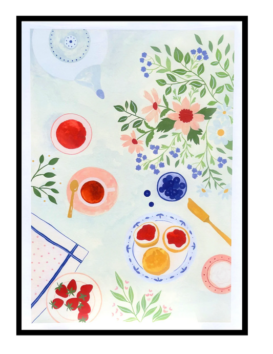 Breakfast Garden art print by Leens featuring floral branches, tea cups, strawberries, blueberry bowls, and breakfast details in soft pastel colours on a light background, A3 digital illustration for cozy kitchen wall decor.