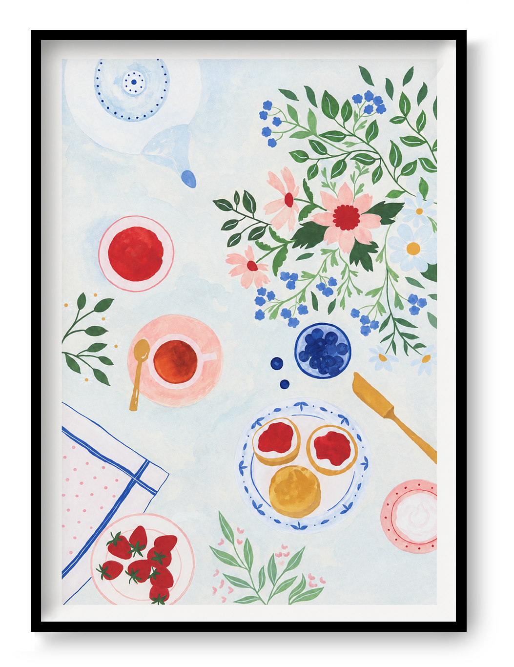 Breakfast Garden art print by Leens featuring floral branches, tea cups, strawberries, blueberry bowls, and breakfast details in soft pastel colours on a light background, A3 digital illustration for cozy kitchen wall decor.