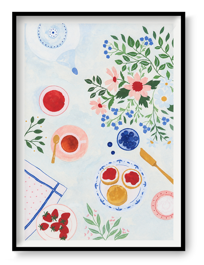 Breakfast Garden art print by Leens featuring floral branches, tea cups, strawberries, blueberry bowls, and breakfast details in soft pastel colours on a light background, A3 digital illustration for cozy kitchen wall decor.