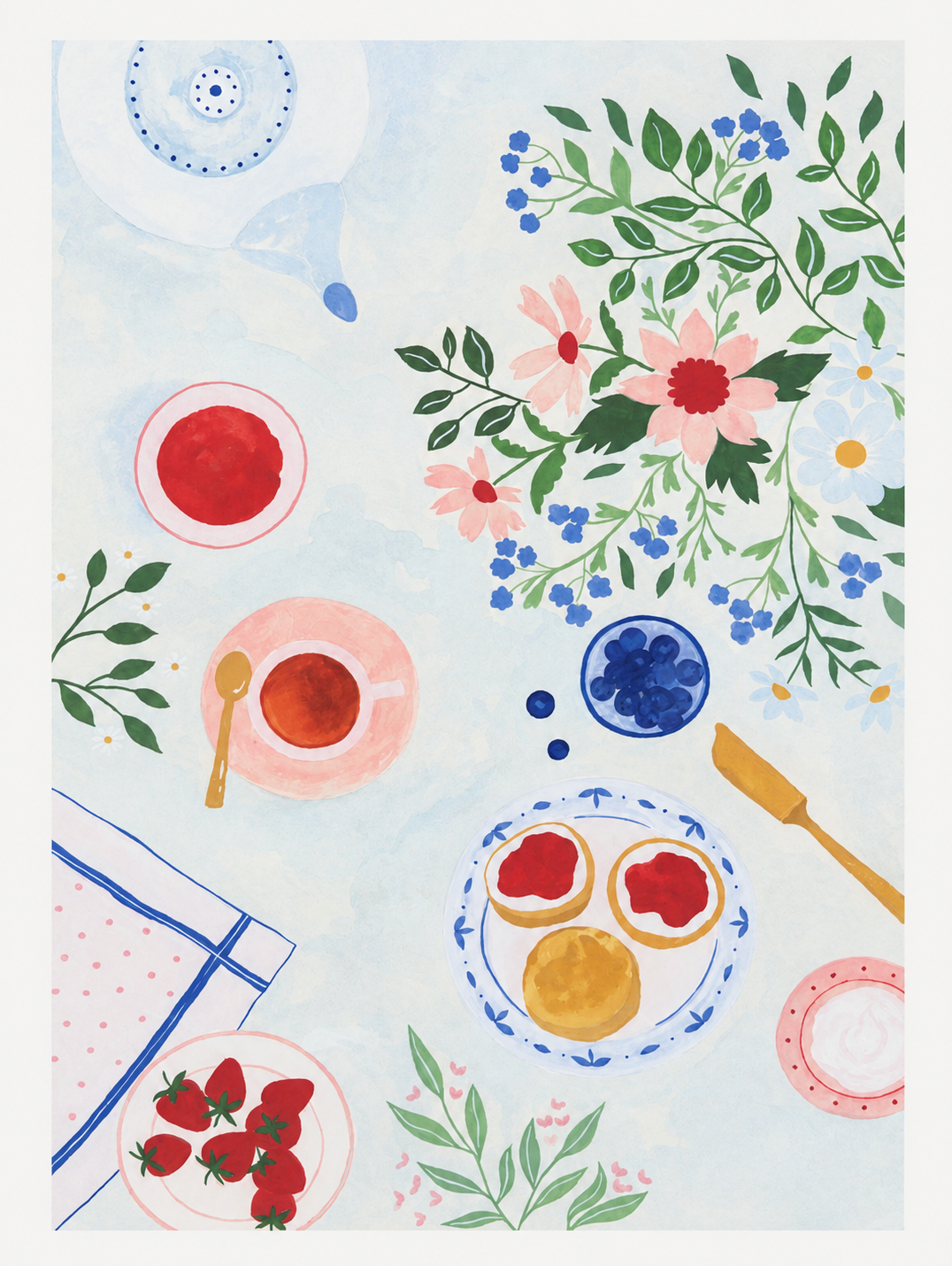 Breakfast Garden art print by Leens featuring floral branches, tea cups, strawberries, blueberry bowls, and breakfast details in soft pastel colours on a light background, A3 digital illustration for cozy kitchen wall decor.