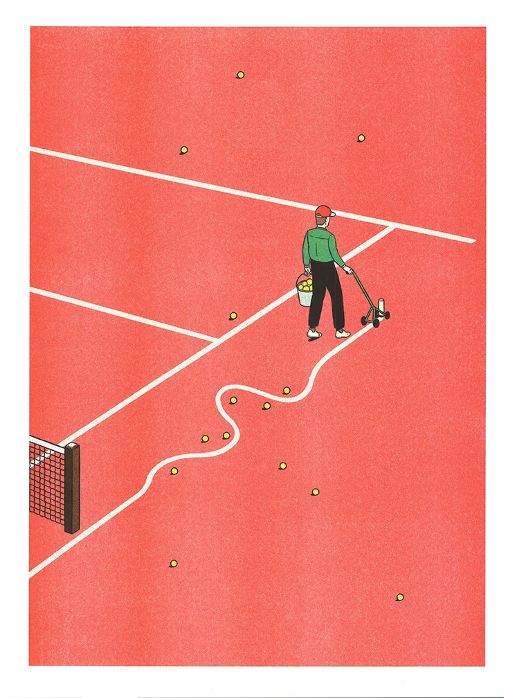 Simon Bailly Tennis A3 Risograph print showing a tennis court worker marking white lines across a bold red court with scattered yellow balls, vertical contemporary wall art.