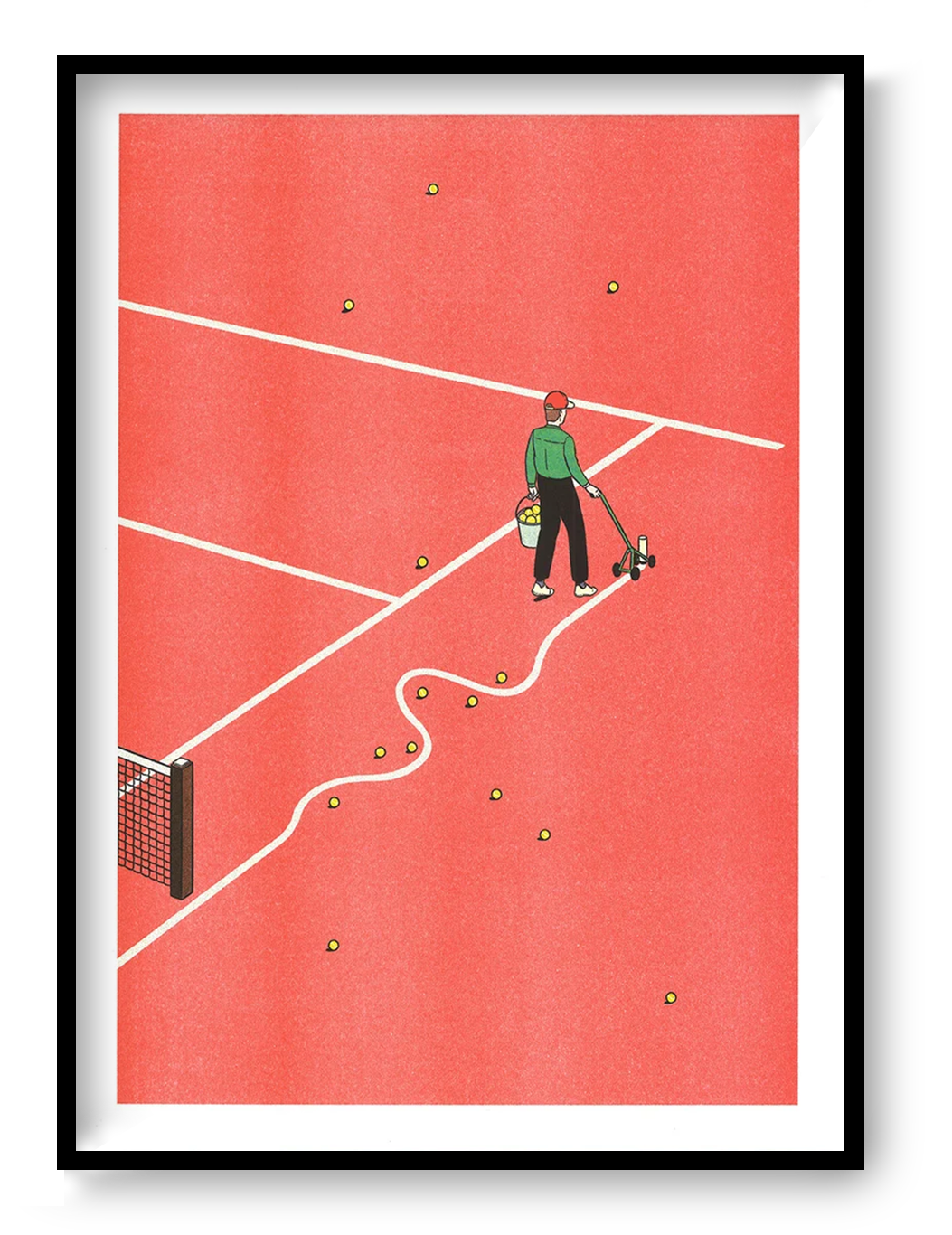 Simon Bailly Tennis A3 Risograph print showing a tennis court worker marking white lines across a bold red court with scattered yellow balls, vertical contemporary wall art.