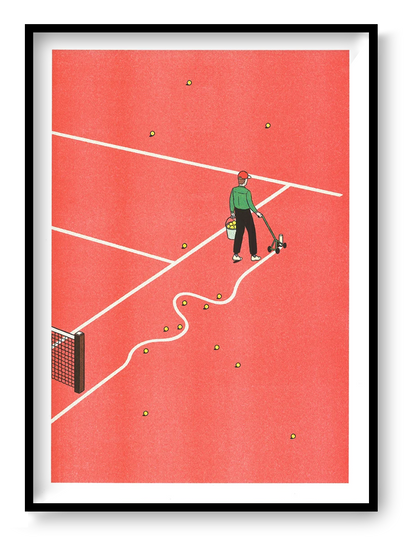 Simon Bailly Tennis A3 Risograph print showing a tennis court worker marking white lines across a bold red court with scattered yellow balls, vertical contemporary wall art.