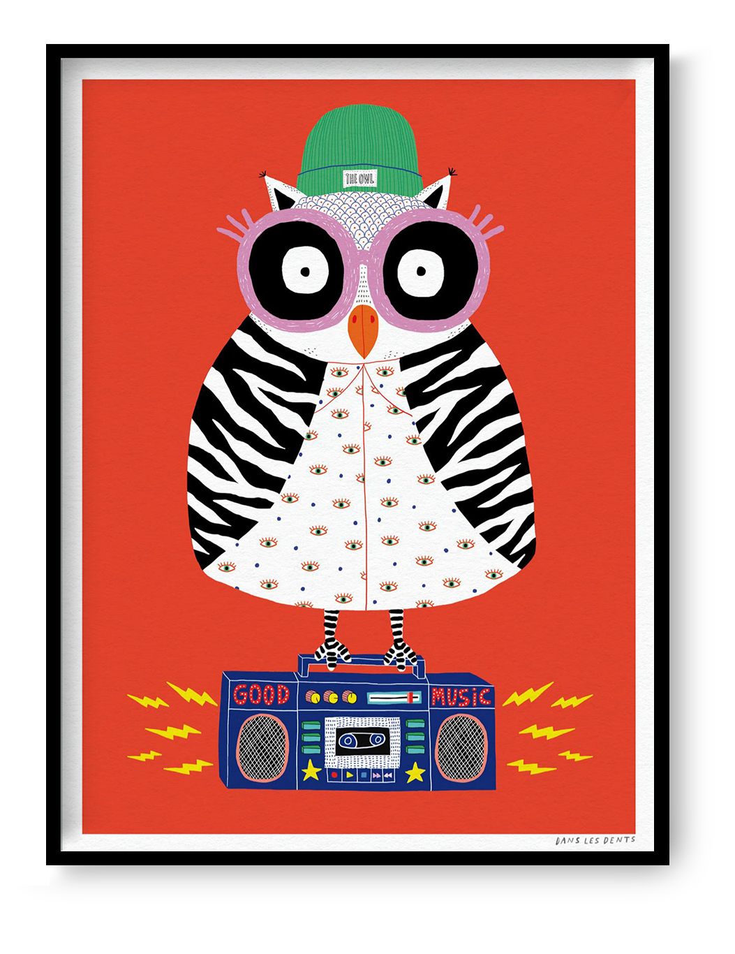 Colourful digital art print by Dans les Dents featuring a playful owl with oversized glasses, green hat, patterned outfit, and a blue boombox on a bold red background.