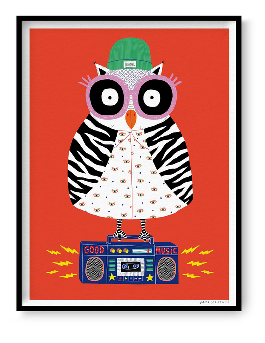 Colourful digital art print by Dans les Dents featuring a playful owl with oversized glasses, green hat, patterned outfit, and a blue boombox on a bold red background.