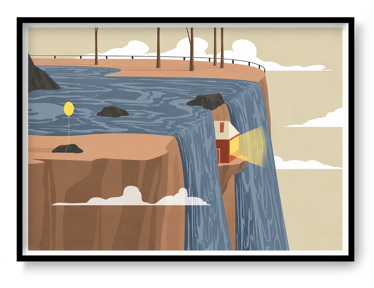 A3 surreal landscape art print by Ana Yael featuring a waterfall flowing over a cliff with a small illuminated house hidden behind the water, soft clouds, rocks, and minimalist design style.