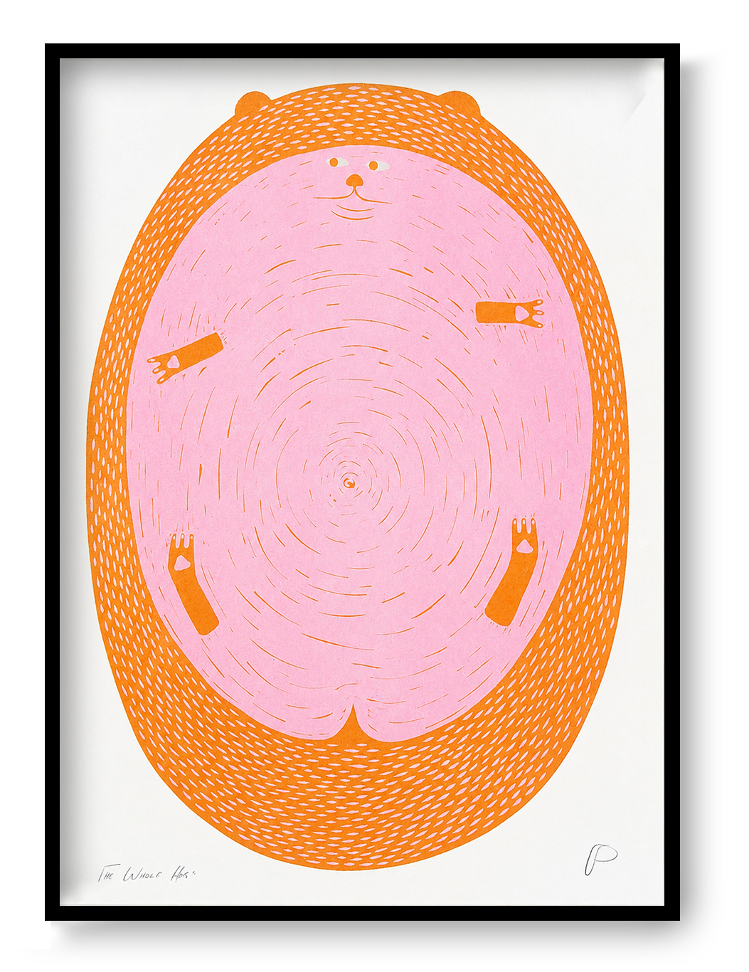 Large round hedgehog illustration by Strangford in bright pink and orange, vertical A3 Risograph print with playful linework, ideal as colourful wall art for modern and eclectic interiors.