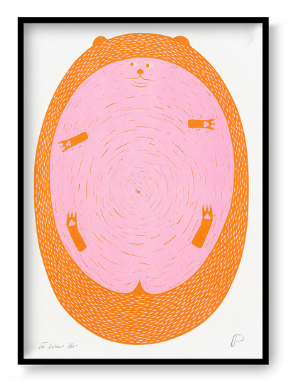 Large round hedgehog illustration by Strangford in bright pink and orange, vertical A3 Risograph print with playful linework, ideal as colourful wall art for modern and eclectic interiors.