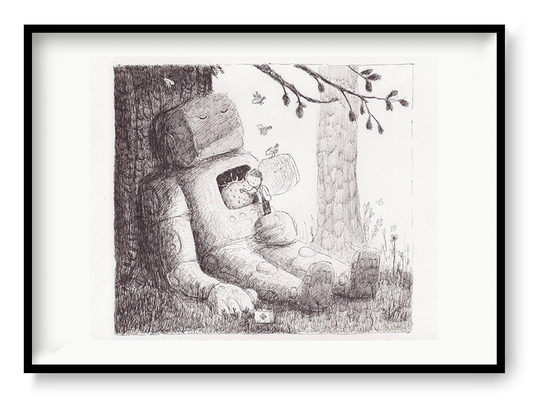 Black and white pencil illustration by Willy Leung showing a large sleeping robot leaning against a tree while a small child rests safely inside its open chest cavity in a peaceful forest setting, printed as an A4 giclée art print.