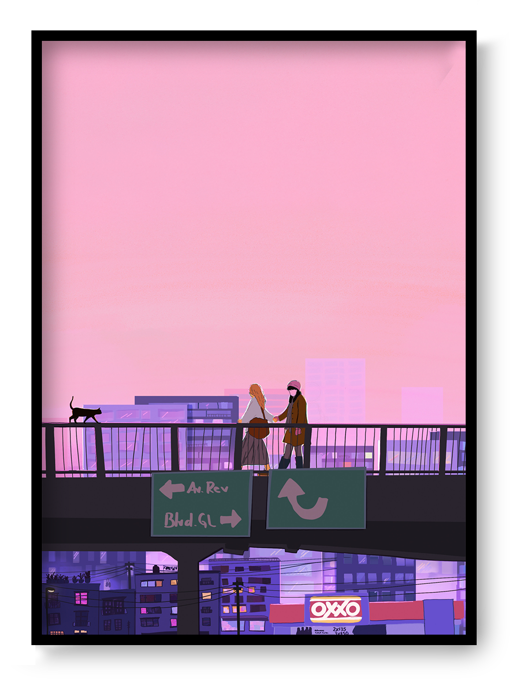 Colourful vertical giclée print of a couple holding hands on a Mexico City overpass at sunset, illustrated in pink and purple tones for romantic modern wall decor.