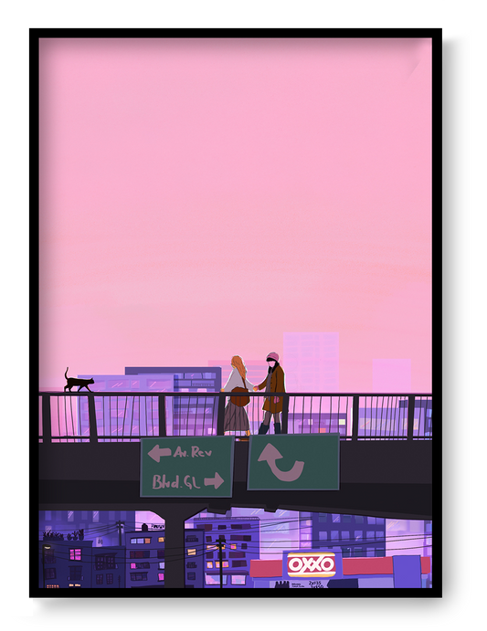 Colourful vertical giclée print of a couple holding hands on a Mexico City overpass at sunset, illustrated in pink and purple tones for romantic modern wall decor.