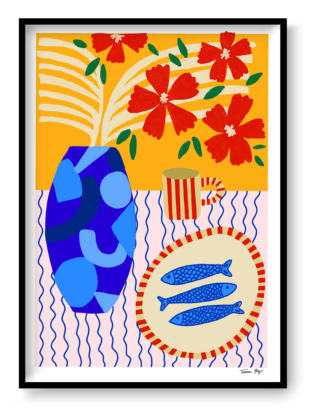 Vertical giclée art print by Teresa Rego featuring three blue sardines on a striped plate, a blue vase, red flowers and bold orange tones, ideal for colourful kitchen or dining room wall art.