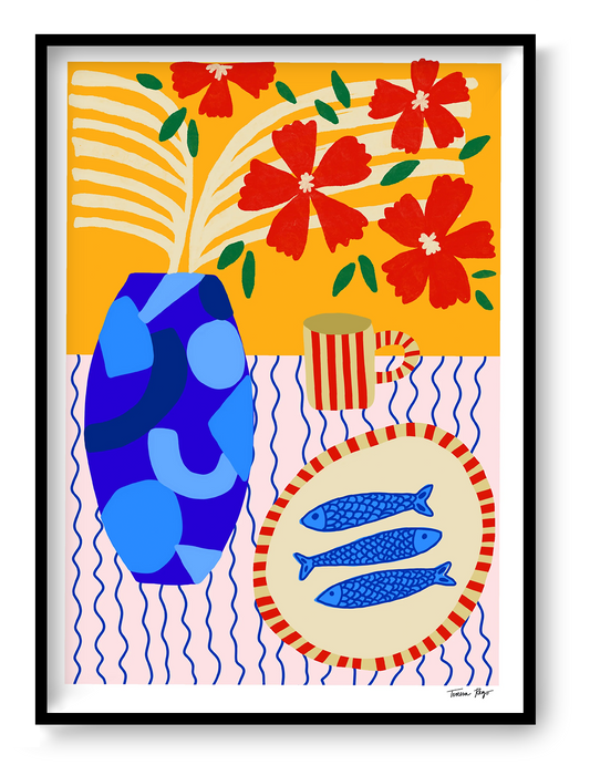 Vertical giclée art print by Teresa Rego featuring three blue sardines on a striped plate, a blue vase, red flowers and bold orange tones, ideal for colourful kitchen or dining room wall art.